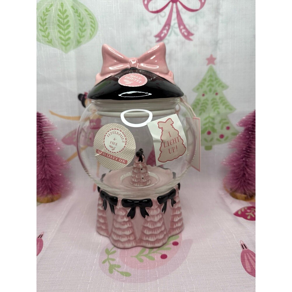 NEW Peppermint & Pine Bows and Christmas Trees Light Up Candy Jar